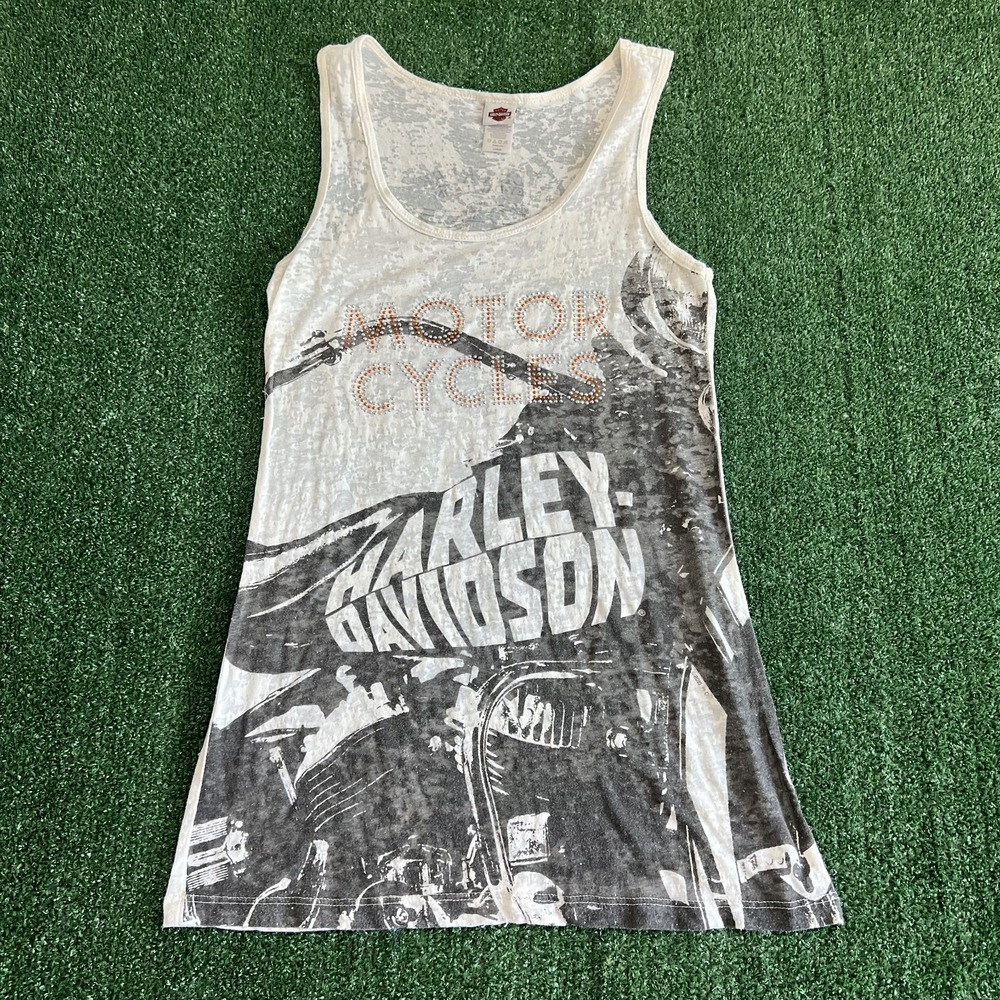 Vintage Harley-Davidson Tank Top Womens Large White AOP Thin Killer Creek Y2K